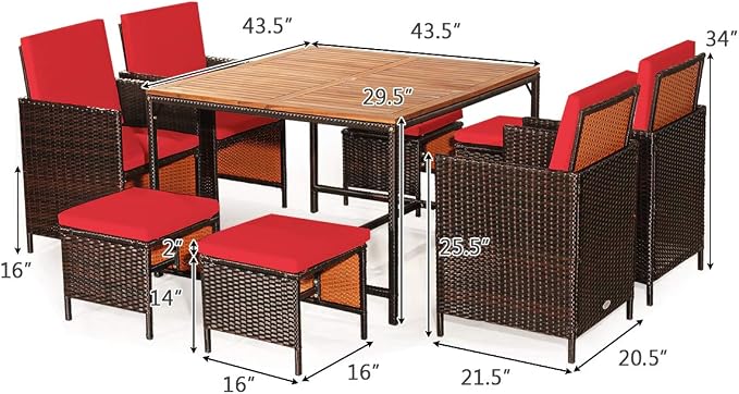RELAX4LIFE 9-Piece Outdoor Dining Set - Patio Wicker Furniture Set w/Acacia Wood Tabletop, Soft Seat & Back Cushions, Dining Table & Chair Set for Backyard, Poolside (Red)