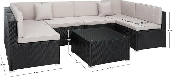 SAFAVIEH Outdoor Collection Diona Black/Grey Cushion Sectional Set with Glass Top Coffee Table, Ideal for Deck, Patio, Backyard, Sunroom