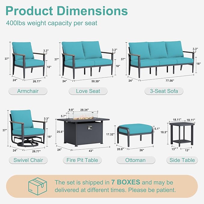 11-Seat Outdoor Patio Furniture Set with Rocking Swivel Chair, Aluminum Sectional Sofa with Ottomans Patio Conversation Set with 55,000 BTU Fire Pit Table & High Backrest, Turquoise
