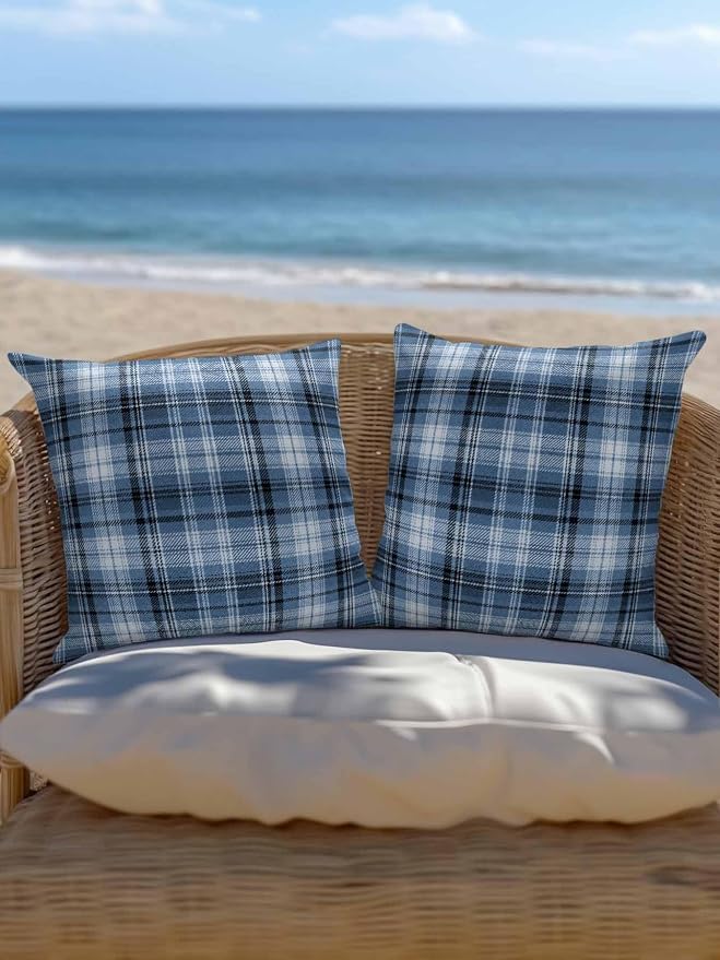 Waterproof Outdoor Pillow 1 Pack Blue Checked Plaid Decorative Throw Pillows Cover & Insert 16x16 Inch Pillowcase Stripes Woven Grid Square Pillows for Couch Sofa Bed Patio Furniture Indoor Outdoor