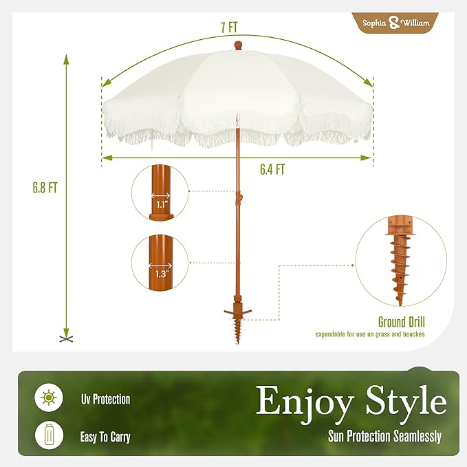 Sophia & William 7ft Outdoor Beach Umbrellas with Fringe, Portable Tilt Umbrellas for Sand, Patio, Lawn, Garden, Pool, Outing, Balcony