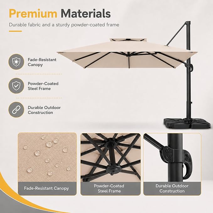 10FT Cantilever Patio Umbrella with Solar Lights, Large Outdoor 2 Tier Aluminum Offset Square Umbrellas 360 Degree Rotation for Garden Deck Pool