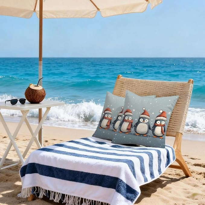 16x16 Inch Outdoor Pillow Covers Set of 2 Waterproof Throw Pillow Covers Decorative Couch Cushion Covers Christmas Penguin Square Pillowcases Protectors for Patio Garden Sofa
