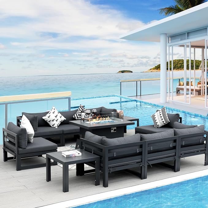 RADIATA 11 Pcs Modern Aluminum Outdoor Patio Furniture Set with Firepit Table & Side Table, Extra Large All-Weather Modular Sectional Couch, 29" Wide Deep Seated Conversation Sofa for Deck, Dark Grey