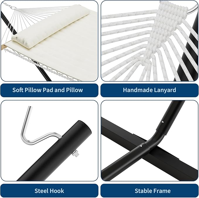 Double Hammock with Steel Stand Included, Portable 2 Person Standing Hammocks with PP Cotton Pad and Pillow, Handmade Cotton Rope Hammock, Outdoor Hammocks for Outside Backyard Garden