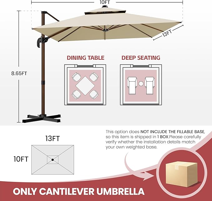GENTEACO 10x13FT Wood Pattern Cantilever Patio Umbrella, Double Top Rectangle Offset Umbrella 7 Angle Tilts & 360° Rotation, Large Heavy Duty Outdoor Sun Umbrella for Pool Market, Beige