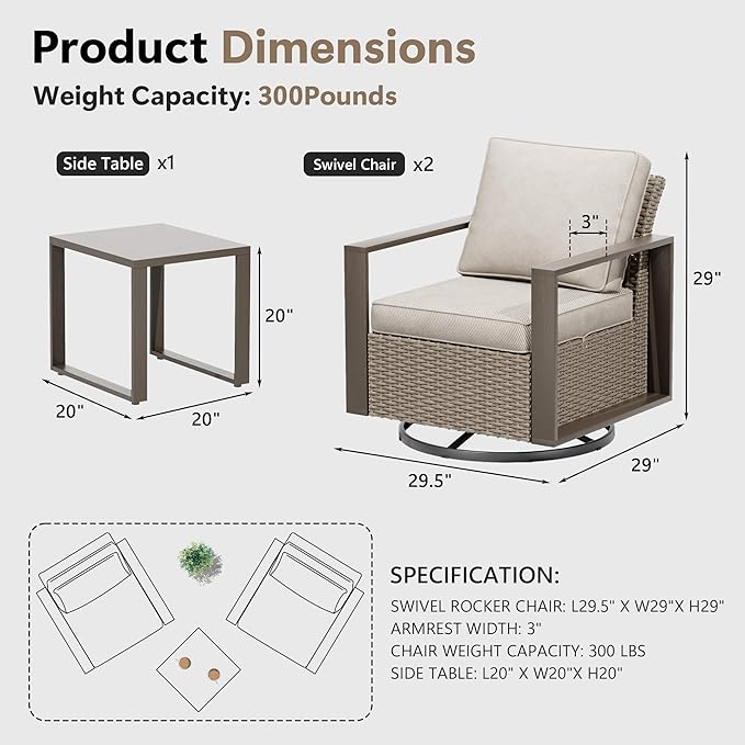3 Piece Patio Chair Set, Outdoor Swivel Rocker Patio Chairs and Side Table, Metal Patio Furniture with Deep Seating, Thicken Cushions for Deck, Porch, Yard Use (Beige, 3 PCS/Swivel)