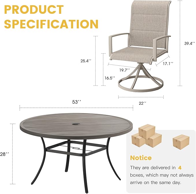 VICLLAX 7 Pieces Patio Dining Set for 6-Outdoor Furniture Includes 53" Round Outdoor Table and Swivel Padded Chairs, Grey Wood Grain Tabletop and Sandshell Fabric