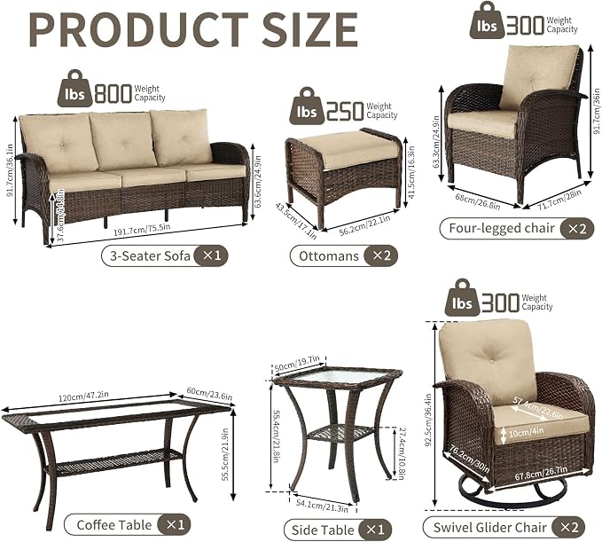 Outdoor Swivel Rocker Patio Chairs (Brown Wicker/Khaki Cushion, 9PC/Sofa & Swivel & Chair &2 Table& Ottomans)