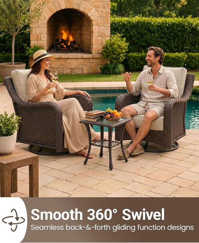 10 Pieces Outdoor Furniture Set with 6-inch Cushions, High Back Wicker Swivel Rocker Chairs with Fire Pit Table, Luxury Conversation Set for Deck Patio and Poolside