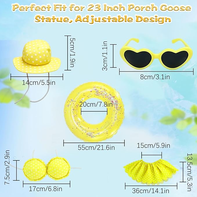 Hawaiian Porch Goose Outfit, Summer Bikini Costume with Sunglasses & Wreath, Fits 23" Goose Statue, Garden Lawn Patio Yard Outdoor Decoration (Yellow)