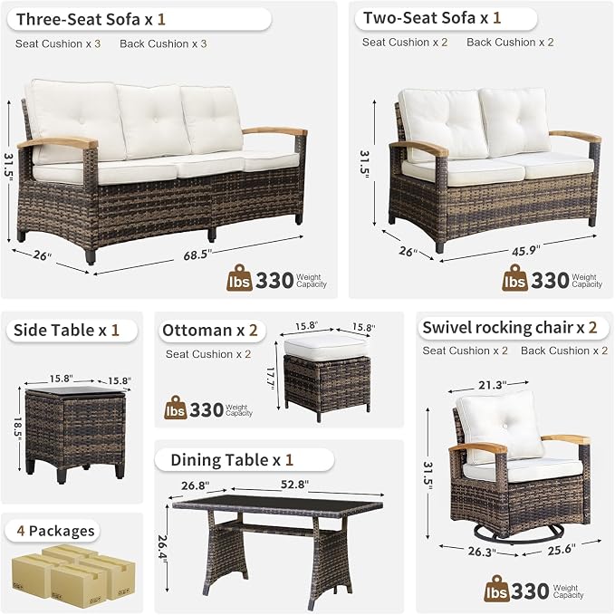 MEISSALIVVE 8 Pieces Patio Furniture Sets, PE Wicker Outdoor Conversation Sets with 2 Wood Armrests Swivel Rocker Chairs, 2 Ottomans, 2 Sofa and Dining Table (Beige)