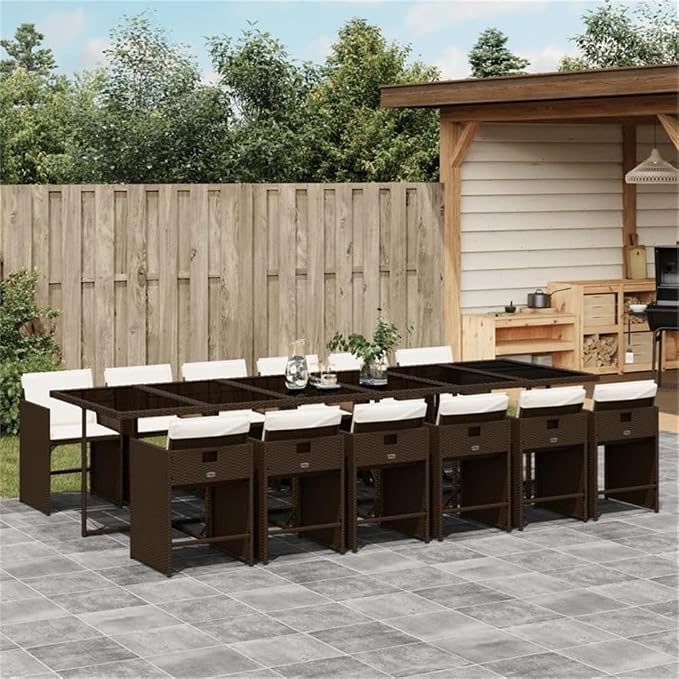 Afuera Living Contemporary 13-Piece Rattan Patio Dining Set, Brown Finish, UV-Resistant PE Rattan, Tempered Glass Top, Foldable Seating, Steel Frame, High-Back Cushions, 12-Seater Outdoor Garden