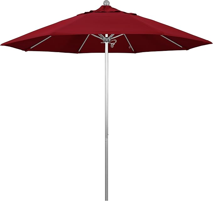 California Umbrella 9' Round Aluminum/Fiberglass Umbrella, Push Open, Silver Pole, Olefin Red Fabric