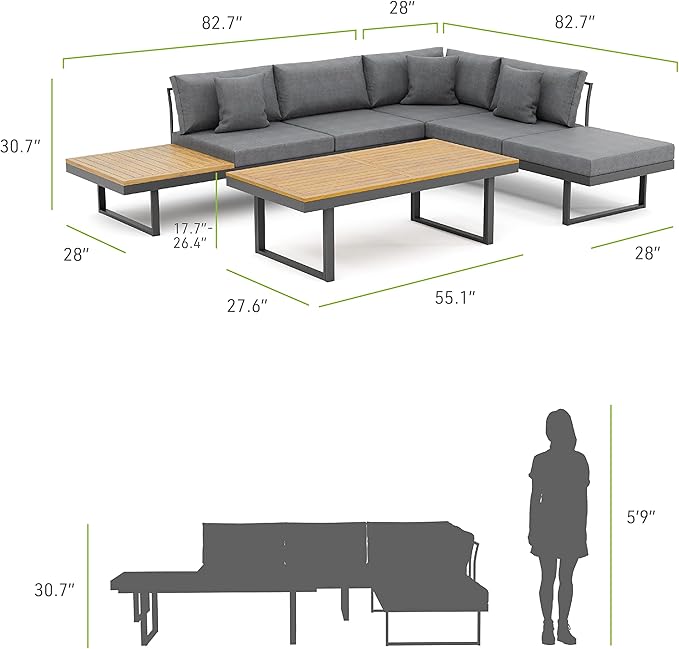 Greemotion 3-Piece San Jose Metal Modular Outdoor Sectional, Patio Furniture Set Certified 100% Teak Wood Patio Conversation Set, Gray