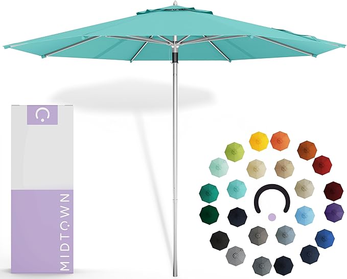 Midtown Umbrellas Push & Pop 9 Ft Patio Umbrellas with Push & Pop Mechanism, 8 Fiberglass Ribs & Sunbrella Fabric – Outdoor Umbrella for Deck, Pool, Cafés and Hotels – Aruba Canopy, Silver Pole