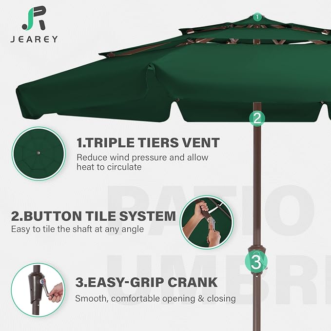 JEAREY 3 Tiers 9 FT Patio Umbrellas Outdoor Table Umbrella with Push Button Market Umbrella 8 Sturdy Ribs UV Protection Waterproof for Garden,Dark Green