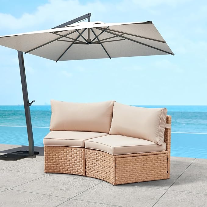 ECOTOUGE Patio Conversation Set, 2 Piece Half-Moon Sectional Round Patio Furniture Set, Wicker Sofa for Pool Backyard Patio Garden(Khaki)