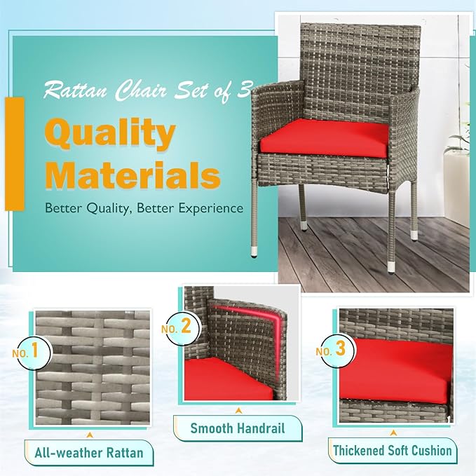 PayLessHere Set of 3 Outdoor Furniture Set Patio Furniture Set Gray Conversation Set with 2 Rattan Chairs Glass Coffee Table for Coffee Bar Poolside Patio Outdoor, Red Cushions