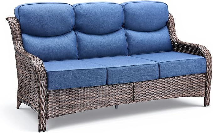 Luxury Outdoor Patio Furniture Set-Wicker High Backrest 3-Seat Patio Sofa with Comfy 6" Cushion, Rattan Couch with Deep Seat All-Weather Patio Conversation Set for Deck Backyard Garden(Brown/Blue)