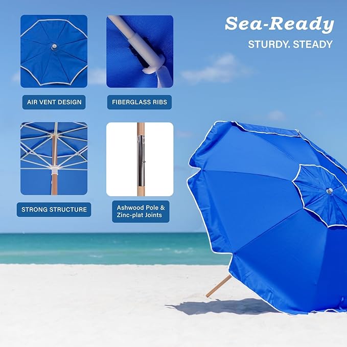 7.5FT Heavy Duty Beach Umbrella with Air Vent, Wood-Look Pole, Carry Bag, UPF50+ Superior Sun Protection, Blue Version