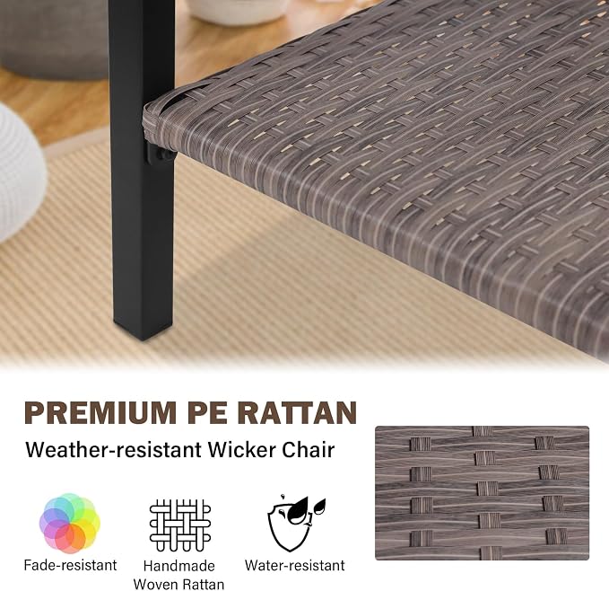 Sunset Escape Wicker Coffee Table, Rattan Rectangle Tea Table with Wood Grain Tabletop and 2-Tier Storage for Patio, Balcony and Garden, Black/Brown