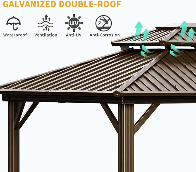 HOTEEL 10x15 Hardtop Gazebo On Clearance with Heavy Duty Galvanized Steel Metal Roof, Patio Hard Top Gazebo with Curtains & Netting,Outdoor Permanent Hot tub Pergola Pavillon for Backyard,Deck,Brown