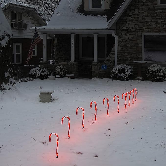 Candy Cane Christmas Lights Outdoor, 10 inch Lighted Candy Cane Yard Lights with Set of 10 Candy Canes Outdoor Walkway Christmas Lights Pathway Lawn Yard Decorations