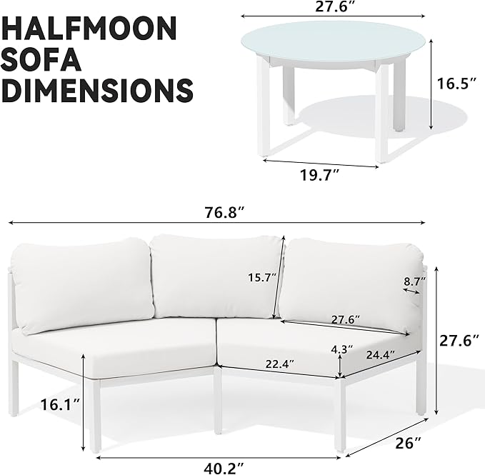 Crestlive Curved Patio Furniture Set, Modular Half Moon 8-Seater Sofa with Round Coffee Table, Aluminum Outdoor Sectional with 4.3" Cushions, All-Weather Couch for Backyard, Deck, Porch, Poolside