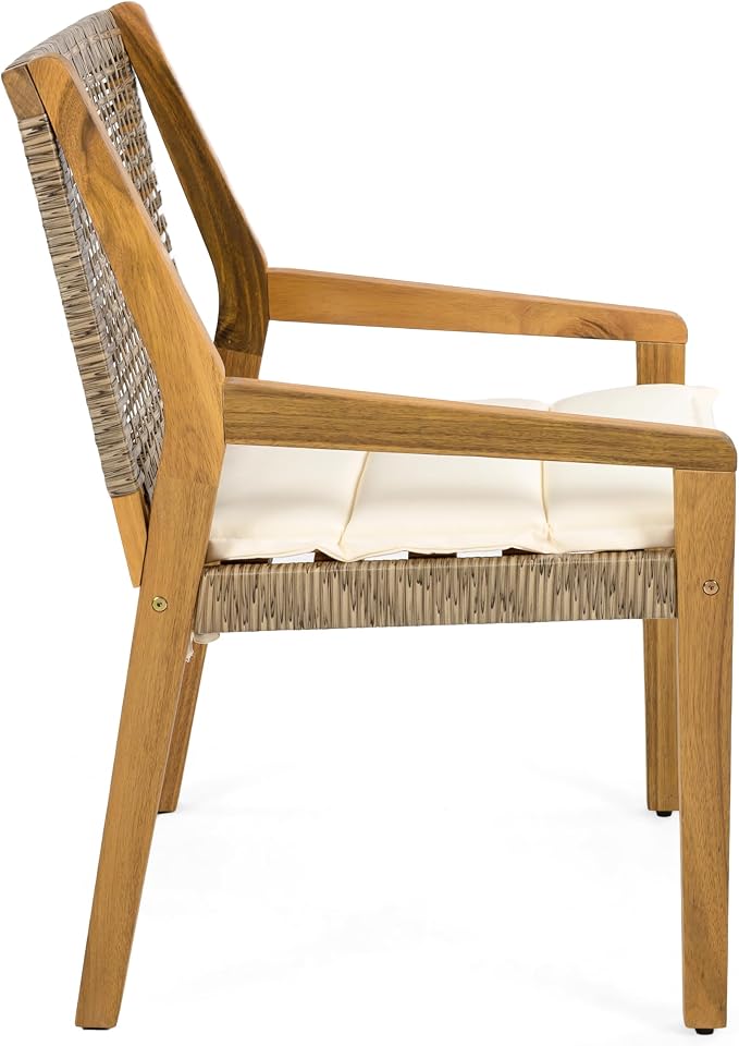 Christopher Knight Home Samma Acacia Wood Outdoor Dining Set for 6, Patio Dining Table Set for 6, Outdoor Dining Table and Sled Base, Dining Chairs with Cushion + Wicker Backrest, Teak+Brown+Cream