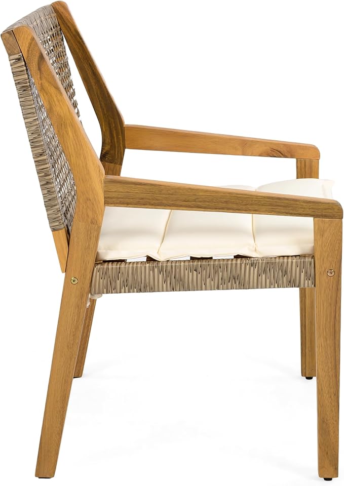 Christopher Knight Home Palin Wooden Patio Dining Set for 6, Acacia Wood Outdoor Dining Table Set for 6, 7 Piece Outdoor Dining Set with Rectangular Table and Armchair with Seat Cushion, Teak+Beige