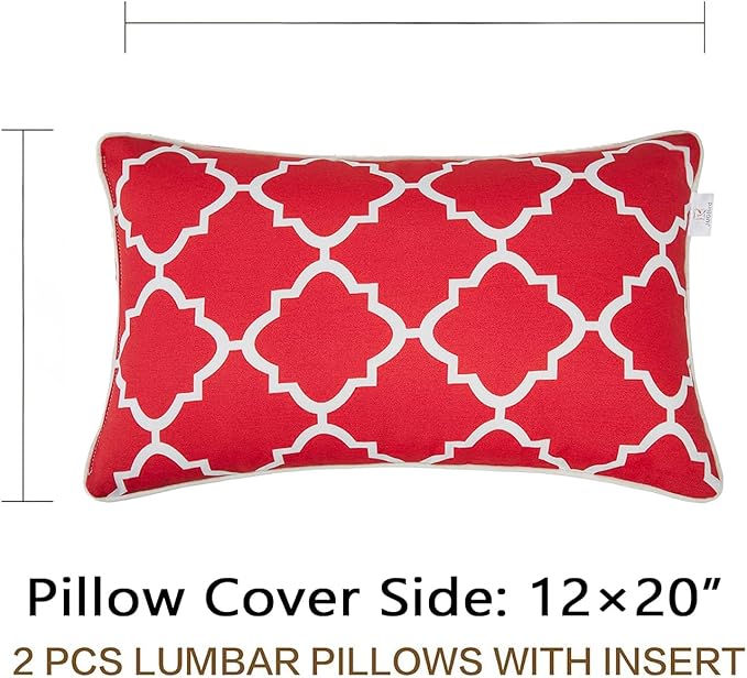 JMGBird 12×20 Inch Outdoor Lumbar Pillows Pack of 2 Water-Repellent Throw Pillows with Insert Rectangular Decorative Garden Cushion for Home Furniture Patio Coach Sofa (Red)