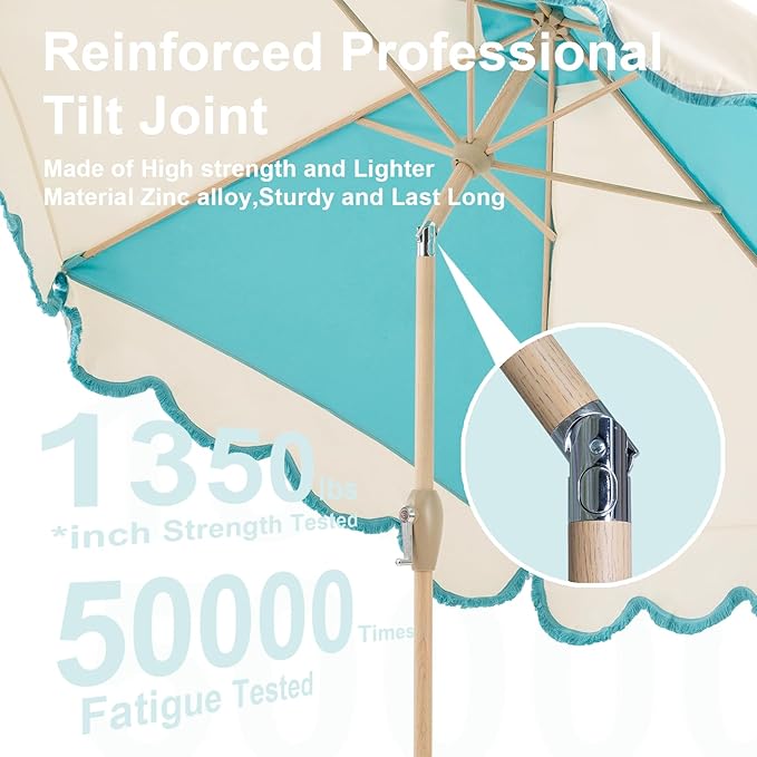 Tempera 9ft Scalloped Patio Umbrellas with Fringe, Market Umbrellas with Water-Resistant and Fade Resistant Canopy, 1.5" Wood Pole & Button Tilt.