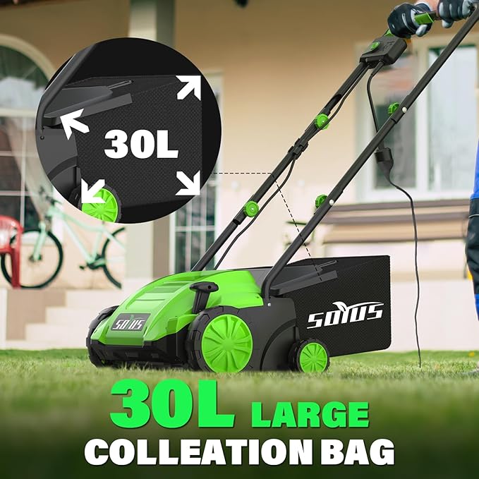 SOYUS 13-Inch Electric Lawn Dethatcher and Scarifier with 8 Gal Thatch Bag - 12-Amp Corded Walk Behind Thatch Removing Machine for Lawn Garden Care