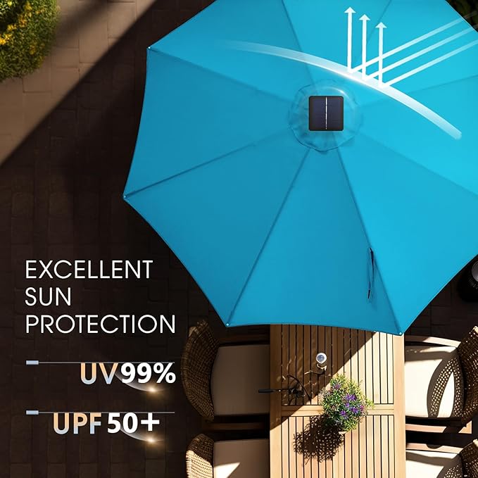 wikiwiki 9FT Solar Led Patio Umbrella with Base Included, 32 LED Lights, 8 Sturdy Ribs, Fade Resistant Waterproof POLYESTER DTY Canopy for Garden, Lawn, Deck, Backyard & Pool, Sky Blue