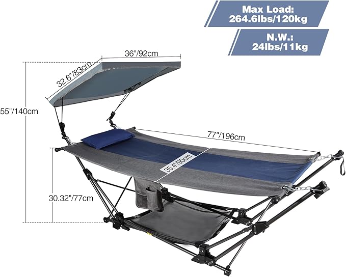 RedSwing Camping Hammock with Stand, Portable Hammock with Removable Canopy, Pillow and Storage Net,Foldable Heavy Duty Steel Frame Space Saving for Indoor Outdoor Backyard Beach Garden