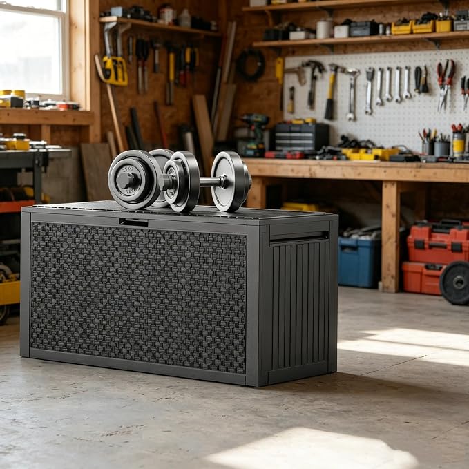 90 Gallon Outdoor Storage Deck Box with Wheels, Waterproof Resin Garden Storage Box Chest for Patio Furniture Cushions & Garden Tools, Lockable Seat Bench, Black