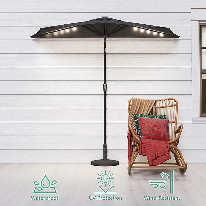 Helios&Hestia 9 ft Small Half Round Solar Powered Wall Outdoor Market Patio Umbrella with LED Lights and Tilt for Garden, Deck, Balcony