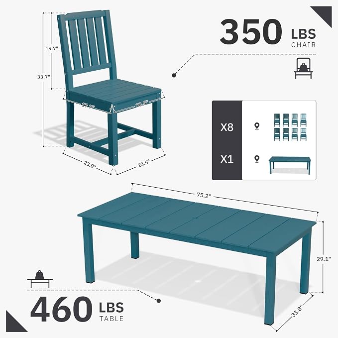 AreShark 9-Piece Outdoor Dining Set,HDPE Patio Table with 8 Chairs,All-Weather Patio Furniture Set with Umbrella Hole,Low Maintenance Wood Grain Dining Set for Backyard,Garden,Poolside,Navy Blue