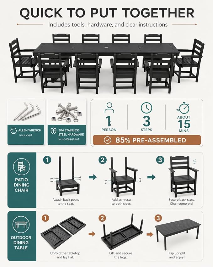 WACASA 12-Piece HDPE Outdoor Dining Set for 10, All-Weather Poly Lumber Patio Table and Chairs with Umbrella Hole, Steel-Reinforced Heavy-Duty Furniture, Black