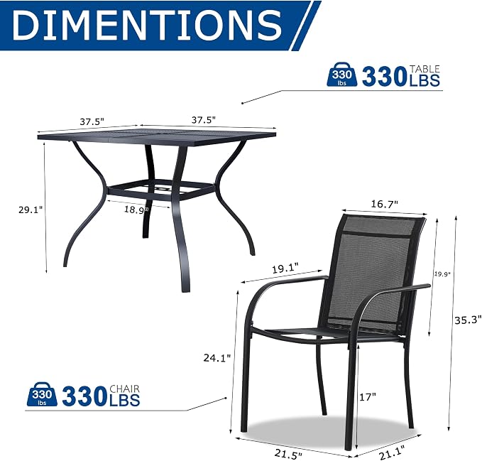 5 Piece Outdoor Dining Set, Patio Table and Chairs Set of 4, 37.5" Black Square Patio Table with 4 Black Stackable Patio Chairs for Lawn, Garden, Porch