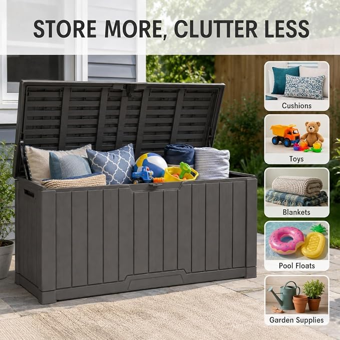 Outdoor Storage Box, Waterproof Deck Box with Buckle Lock, Patio Storage Box for Cushions and Outdoor Toy Storage, 30/60/80/100/120 Gallon PP Bench or Side Table for Patio Garden Backyard(100 Gallon)