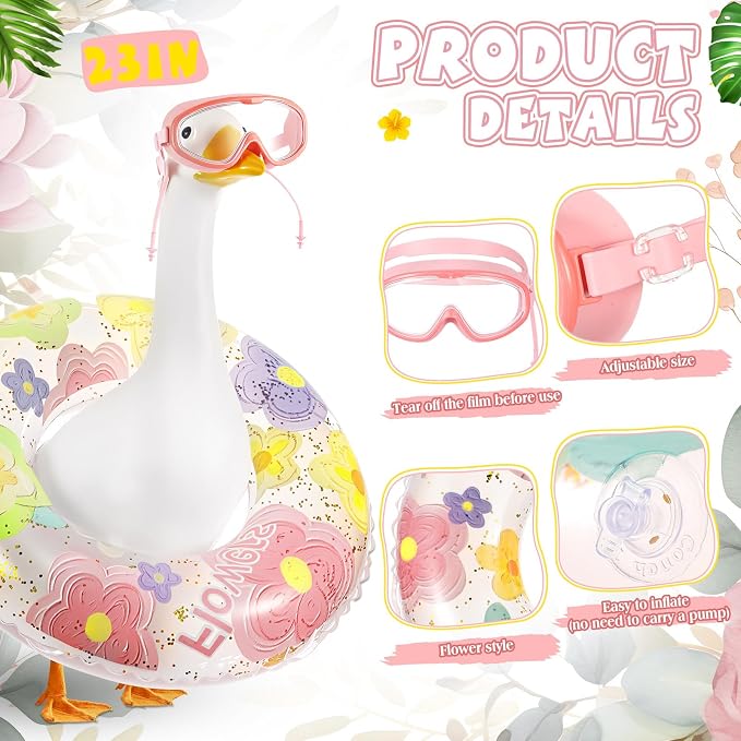Aliceset 2 Pcs Summer Porch Goose Outfits Hawaiian Pool Goose Cloth Costume Swimsuit with Swim Ring Sunglasses, Fits 23'' Lawn Statue for Patio Yard Garden Outdoor Decor(Flower Style)