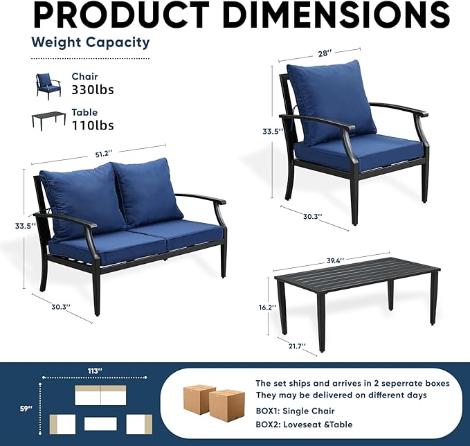 4 Piece Outdoor Patio Furniture Set, Oversized Metal Conversation Set with High Back & Deep Seating, Water-Repellent Cushions, Coffee Table for Porch, Deck, Backyard, Navy