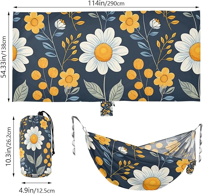 Floral Chamomile Pattern Dark Blue 330lb Capacity Outdoor Hammocks with Hanging Rope Portable Hammock for Indoor Outdoor Patio Bases para hamacas para adultos