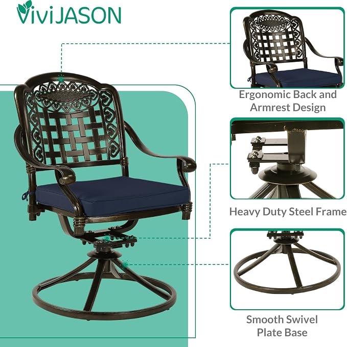 VIVIJASON 9-Piece Patio Furniture Dining Set, All-Weather Cast Aluminum Outdoor Conversation Set, Include 6 Stationary Chairs, 2 Swivel Dining Chairs, Oval Table with Umbrella Hole, Navy Blue Cushion