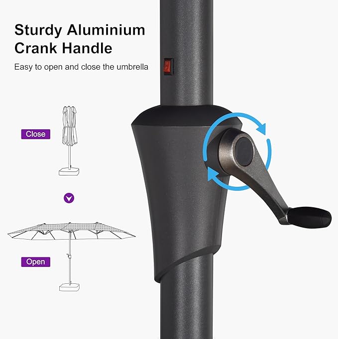 PURPLE LEAF 15ft Double-Sided Patio Umbrella with Base and Solar Lights Outdoor Market Umbrella with Crank Handle Rectangle Umbrella for Backyard Pool Garden Deck, Khaki