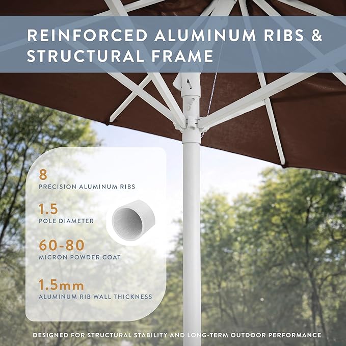 California Umbrella 10-Year Protection 9 Ft Outdoor Patio Umbrella, Pacifica Fade-Resistant Fabric, Auto-Tilt, Heavy Duty Aluminum Frame, 8 Reinforced Ribs for Pool or Deck, White Pole, Mocha
