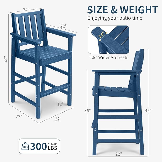 Adirondack Bar Chair Set of 2, All Weather HDPE Counter Height Bar Chair with Wide Amrests & Footrest Heavy-Duty Outdoor Bar Height Barstools Set for Patio, Balcony, Pool, Backyard, Blue