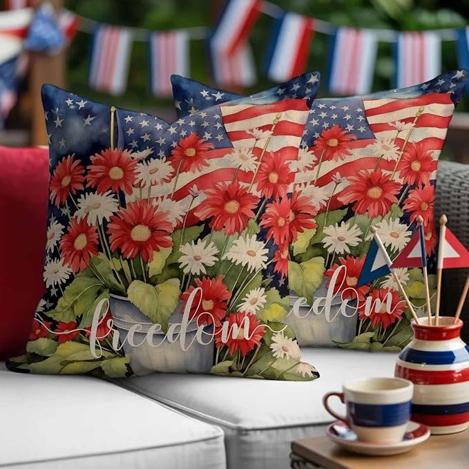 Independence Day Patriotic Flag Outdoor Pillow Covers 16x16in Pack of 2 Waterproof Pillowcase Blossom Flower Green Leaves Decorative Throw Cushion Case for Patio Couch Sofa